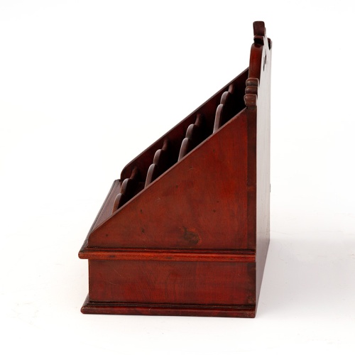 Antique carved mahogany waterfall desk tidy with ivorine drawer pulls. (c.1920).