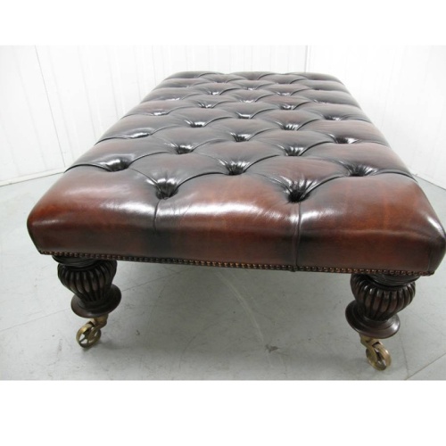 William IV Style Deep Buttoned Leather Bench on Mahogany Legs