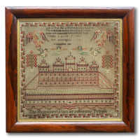 Large Sampler Depicting Salomon's Temple in Rosewood Frame (c.1860)