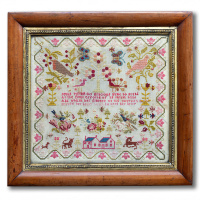 Religious Pictorial Sampler in Polished Mahogany Frame (c.1850)