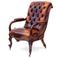 Antique Mahogany Framed Deep Buttoned Leather Library Armchair