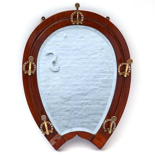 Oak Deep Bevelled Horseshoe Mirror with Cast Brass Fetlock and Horseshoe Hooks