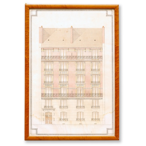 Antique Architectural Drawing of French Apartment Block 