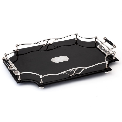 Rectangular Ebonised and Silver Plate Gallery Tray with Scalloped Edges