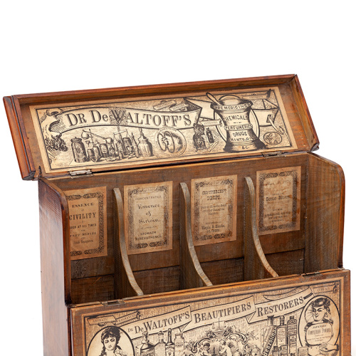 Antique Polished Wood Apothecary’s Display Box with Original Paper Labels