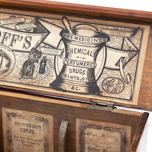 Antique Polished Wood Apothecary’s Display Box with Original Paper Labels