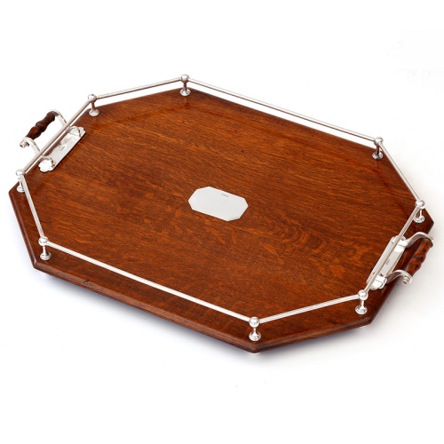 Oak and Silver Plate Octagonal Gallery Tray