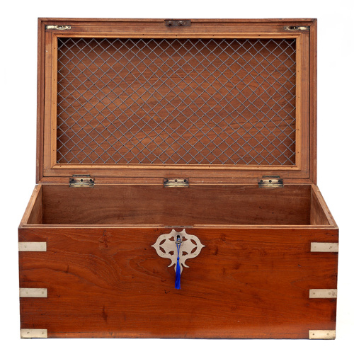 Antique Teak Gentleman's Campaign Travelling Chest with Cast Brass Corners with Compartmentalized Sprung Interior in the Lid