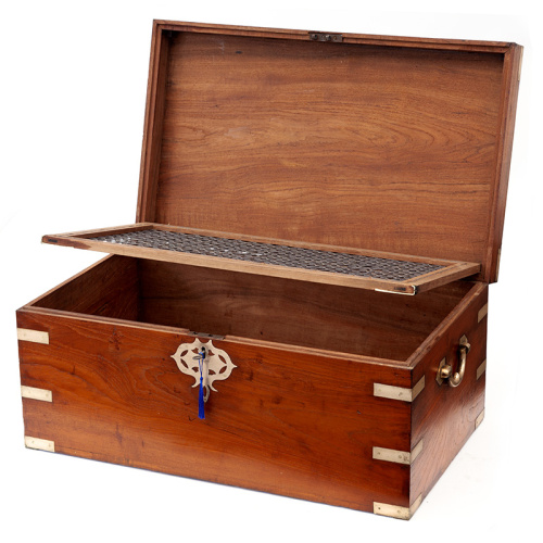 Antique Teak Gentleman's Campaign Travelling Chest with Cast Brass Corners with Compartmentalized Sprung Interior in the Lid