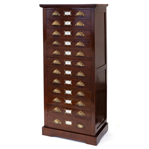 Flight of 12 Walnut Drawers with Scalloped Brass Handles