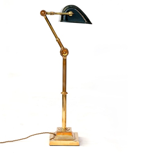 Antique Brass Adjustable Dugdills Bankers Lamp with Articulated Arms and Original Enamel Shade