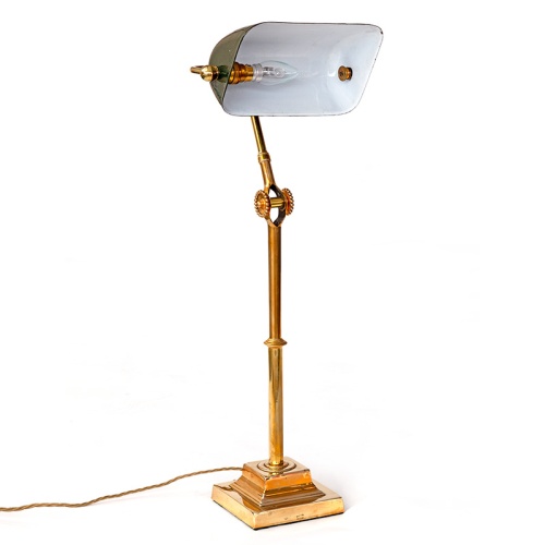 Antique Brass Adjustable Dugdills Bankers Lamp with Articulated Arms and Original Enamel Shade