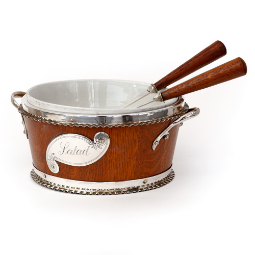 Polished Oak and Silverplate Salad Bowl with Original Servers