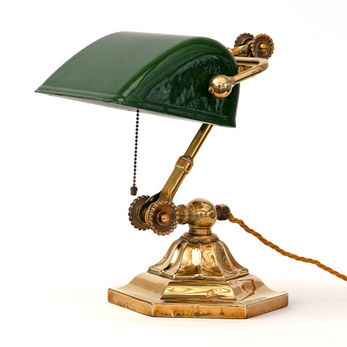 Adjustable Antique Dugdills Brass Desk Lamp with Original Enamel Shade