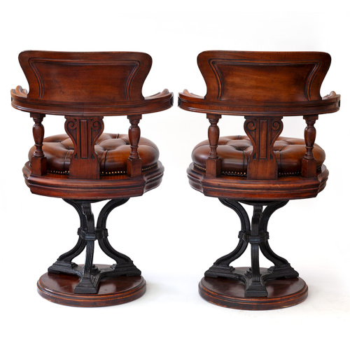 Rare Pair of Antique Satinwood Inlaid Mahogany Re-leathered Swivelling Ships Chairs (c.1900)